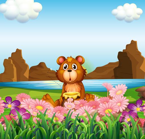 A cute bear near the flowers at the riverbank vector