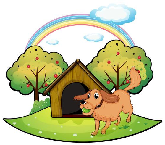 A dog playing outside the doghouse near the apple tree vector