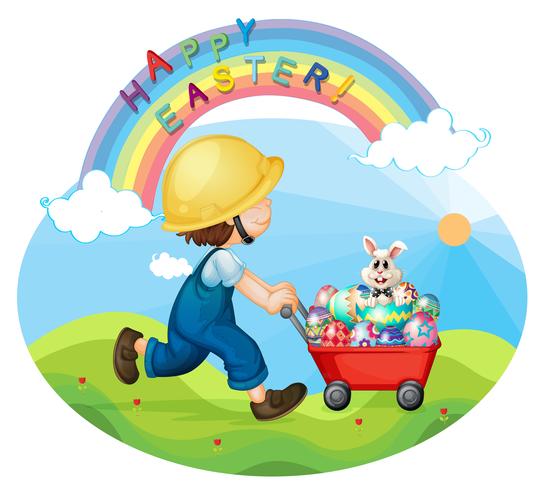 A boy with a helmet pushing the eggs and the bunny vector