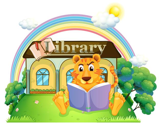 Un tigre leyendo un libro fuera de la biblioteca. vector