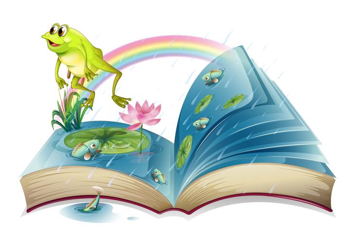 Un libro de cuentos con una rana y peces en el estanque. vector