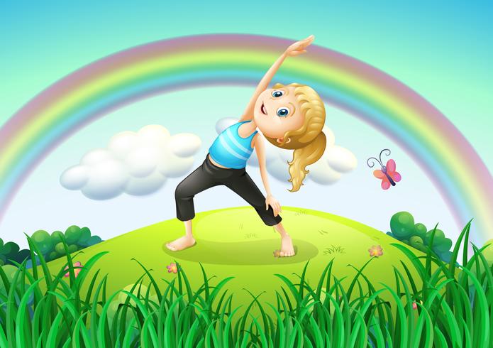 Una niña que se extiende en la cima de la colina con un arco iris. vector