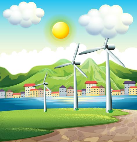 Three windmills across the village vector