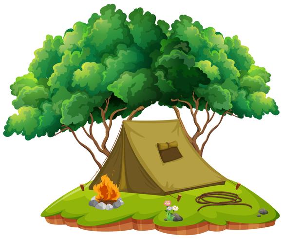 Camping con tienda y fogata. vector