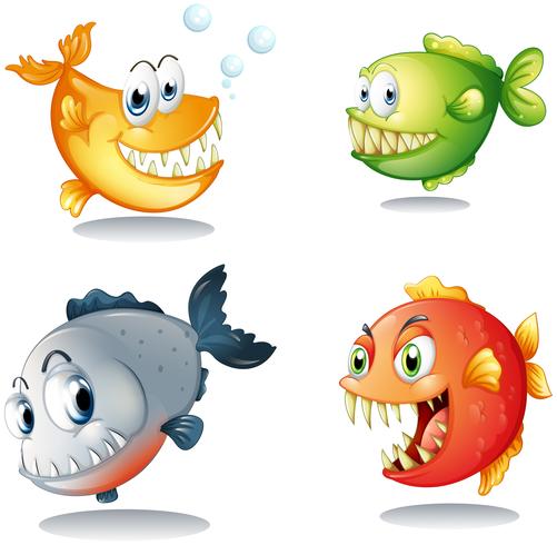 Four different kinds of fishes with big fangs vector