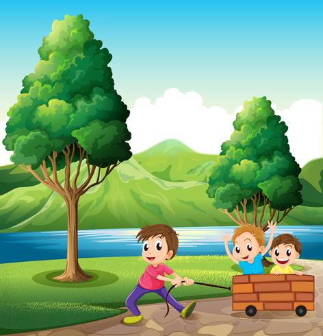 Boys playing at the riverbank vector