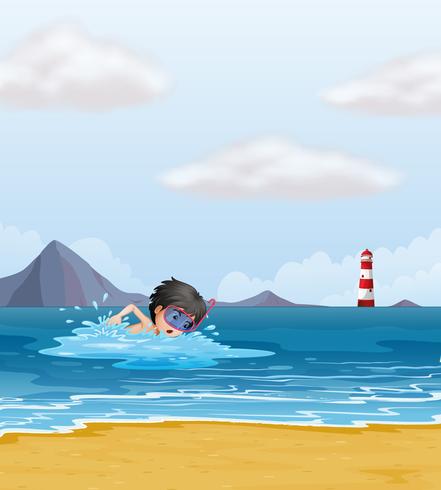 Un niño nadando en el mar cerca del faro. vector