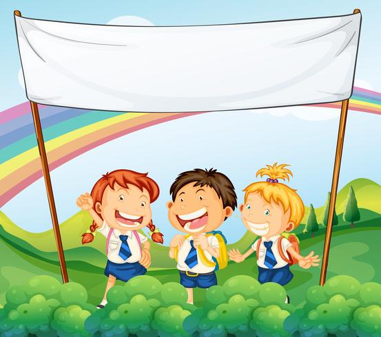 An empty banner above the three young students vector
