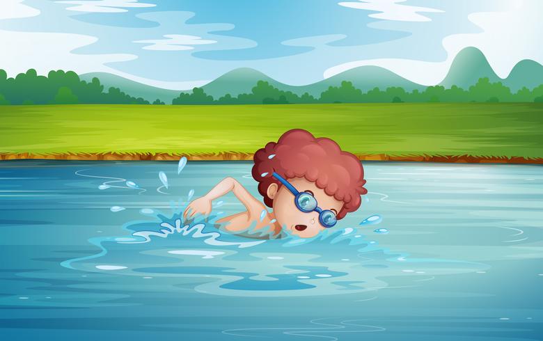 A boy swimming at the river with goggles vector