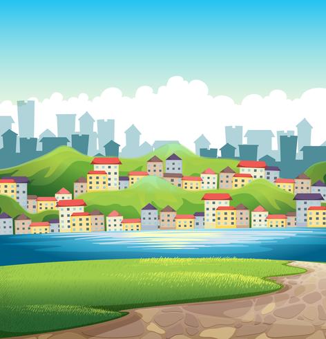 A river near the tall buildings vector