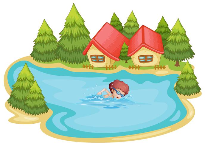 A beach near the pine trees with a boy swimming vector