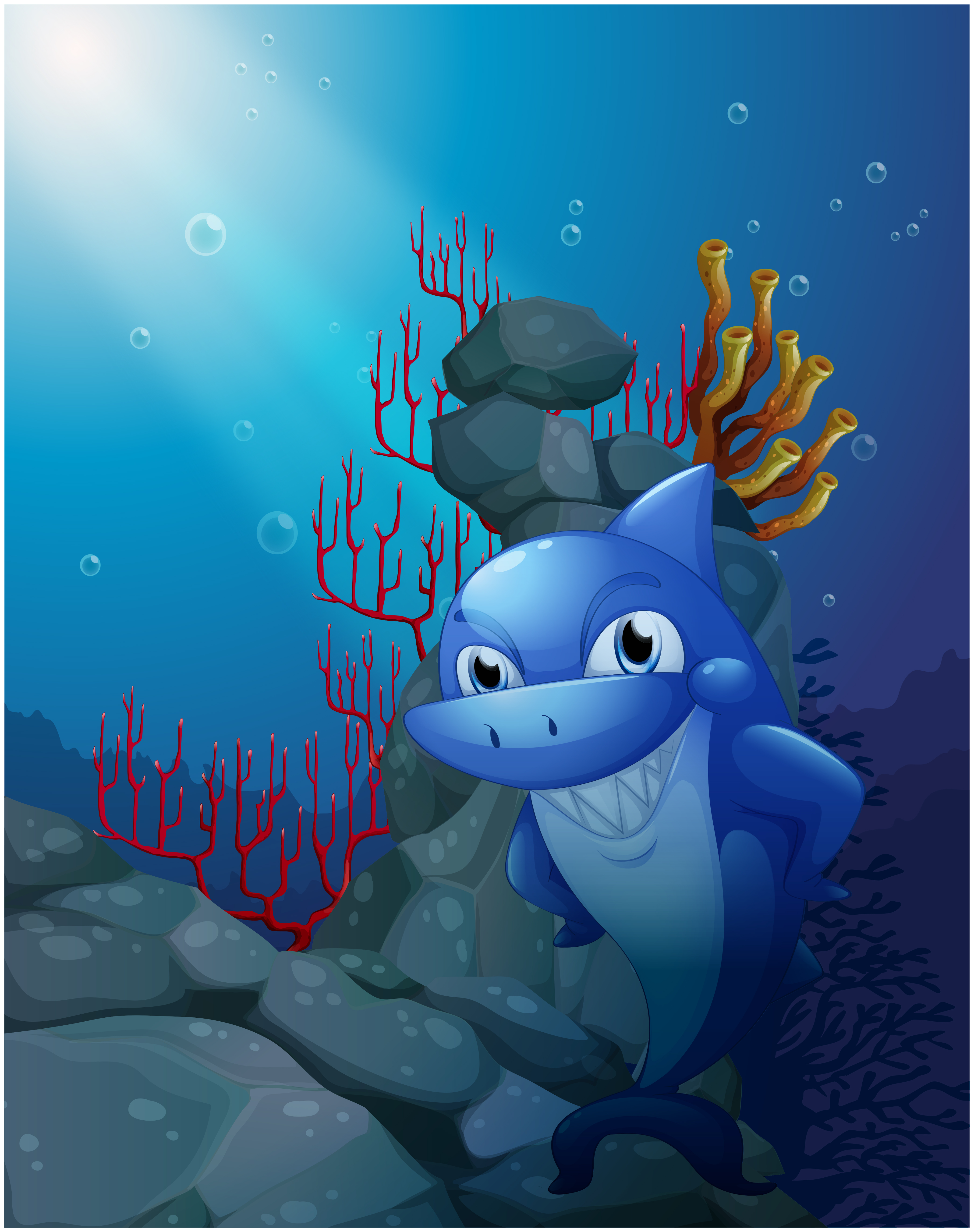 Download A smiling shark near the rocks 526343 Vector Art at Vecteezy