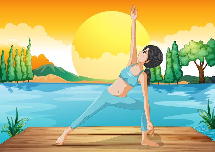 A girl stretching near the river vector