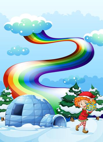 An elf near the igloo with a rainbow in the sky vector