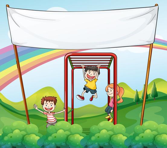 Three kids playing near the empty banner vector