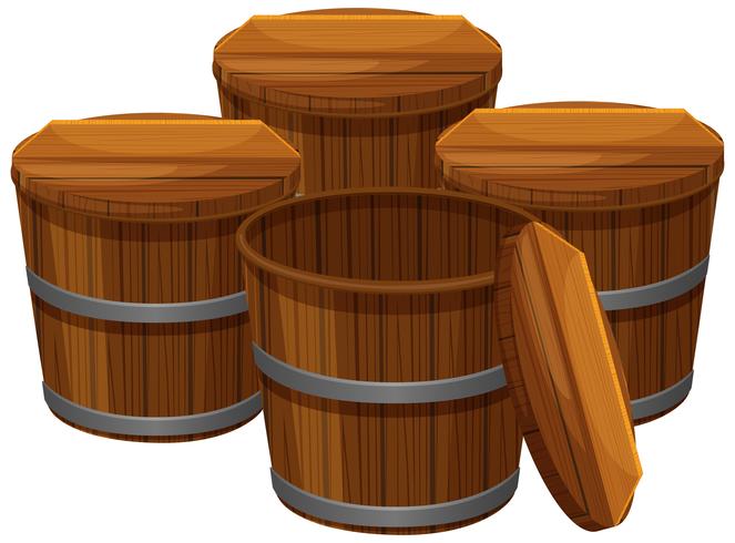 Four wooden buckets with lids vector