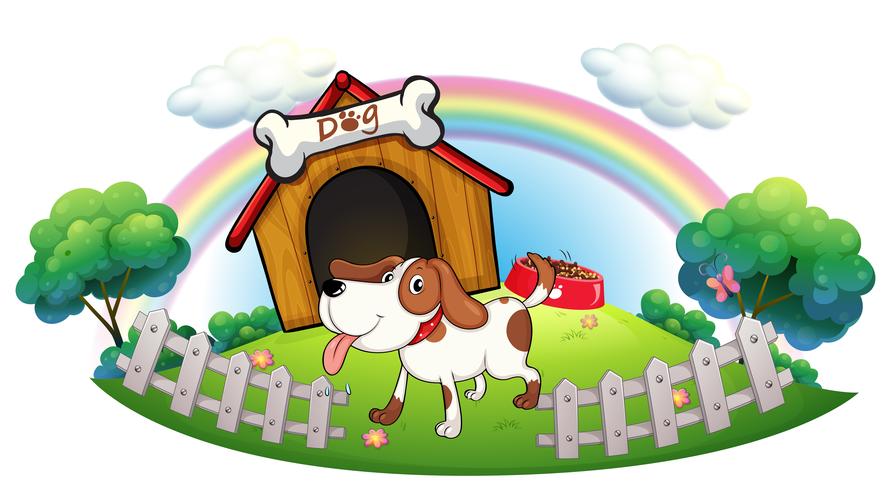 A doghouse inside the fence with a puppy vector