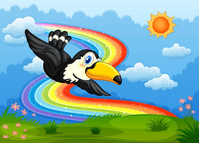 Un pájaro en el cielo con un arco iris. vector