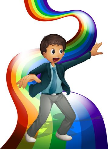 Un chico bailando sobre el arcoiris. vector