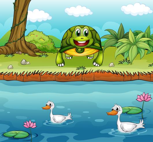 Una tortuga junto al río con patos. vector