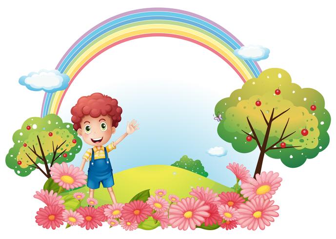 Un niño en la colina con un arco iris. vector