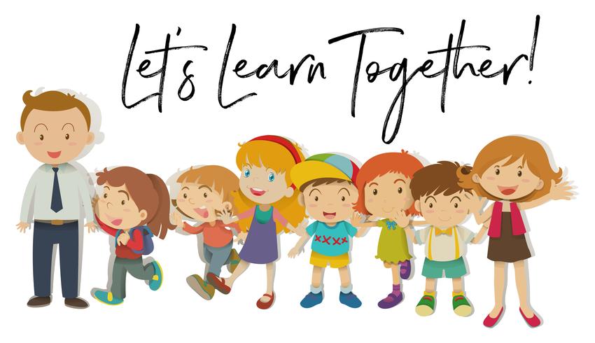 Teachers and students with word let's learn together vector