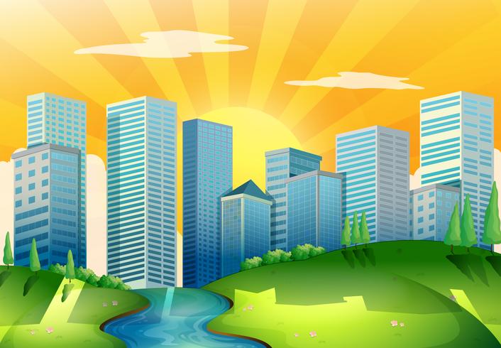 A river near the tall buildings vector