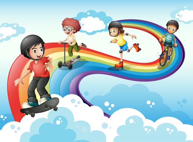 Niños en el cielo jugando con el arco iris. vector