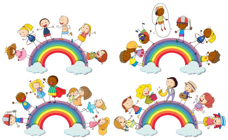 Niños de pie en el arco iris vector