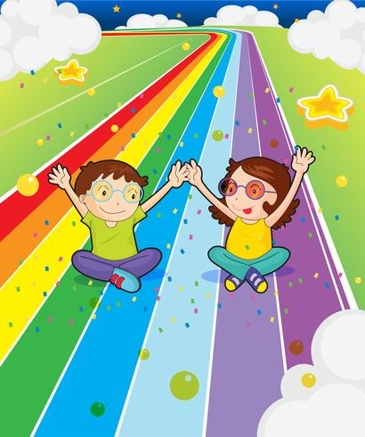 A young girl and a young boy at the colorful road vector