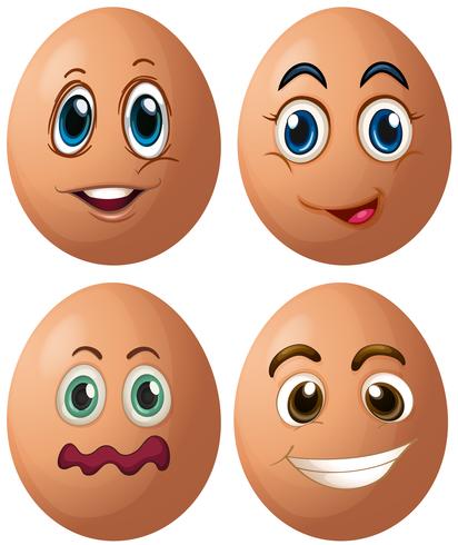 Huevos con cuatro expresiones faciales diferentes. vector