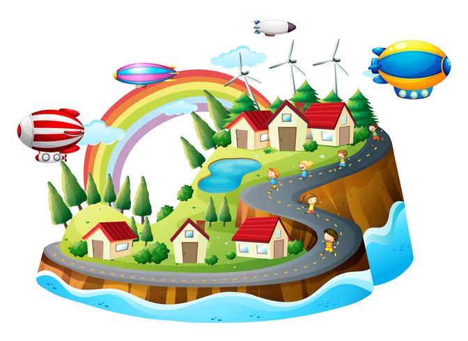 A view of the village with kids vector