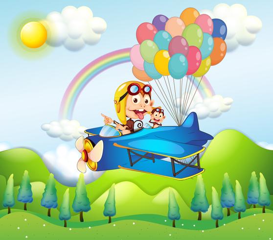 Two monkeys riding in a plane with colorful balloons vector