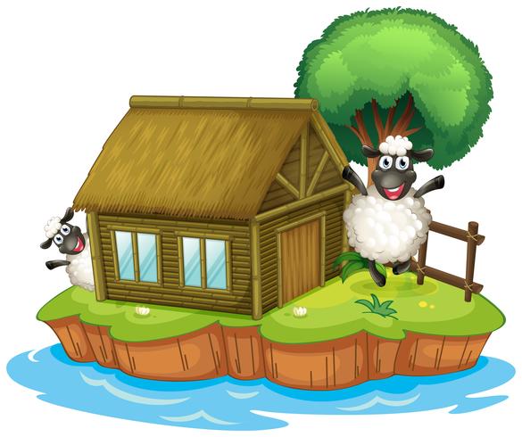 An island with a native house and two sheeps vector