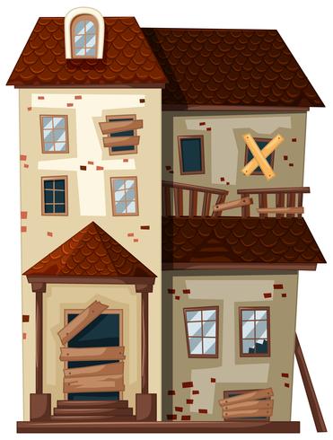 Antigua casa con ventanas rotas y puerta. vector