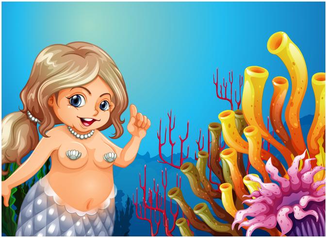 A fat mermaid under the sea near the coral reefs vector