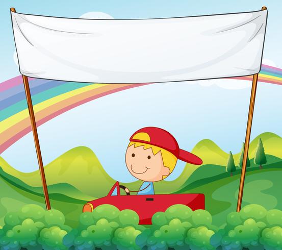 A boy riding in his car below an empty signage vector