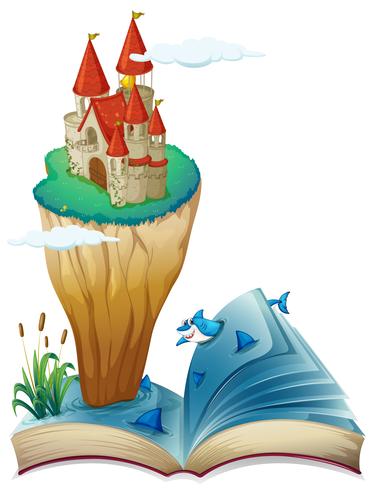 Un libro con la imagen de una isla con un castillo. vector