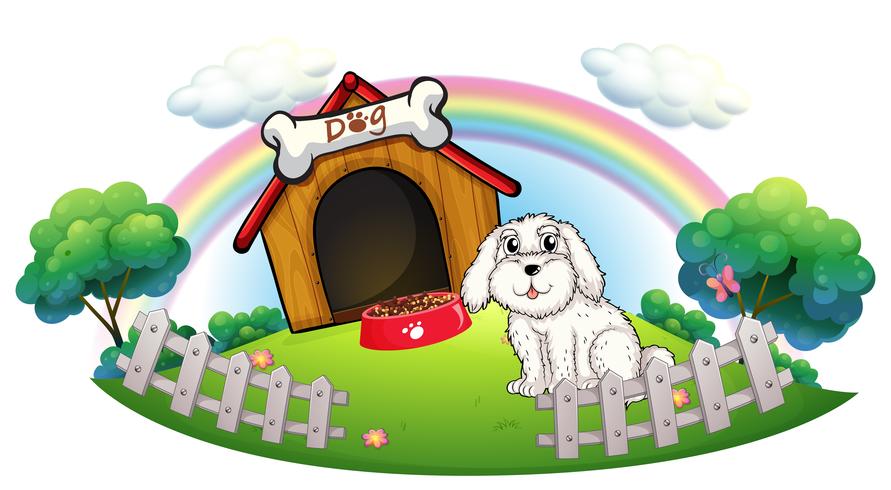 A dog in a dog house with fence vector