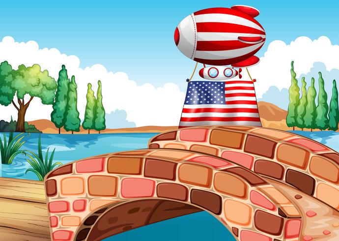 A balloon and the flag of the United States above the bridge vector