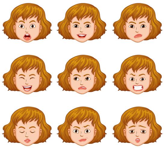 Mujer con diferentes expresiones faciales. vector