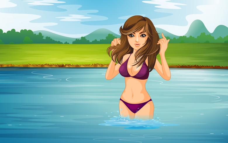 Una chica con un bikini violeta en el río. vector