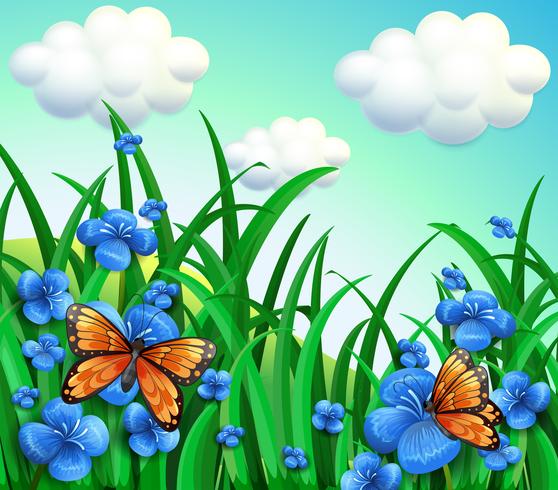 Un jardín con flores azules y mariposas naranjas. vector