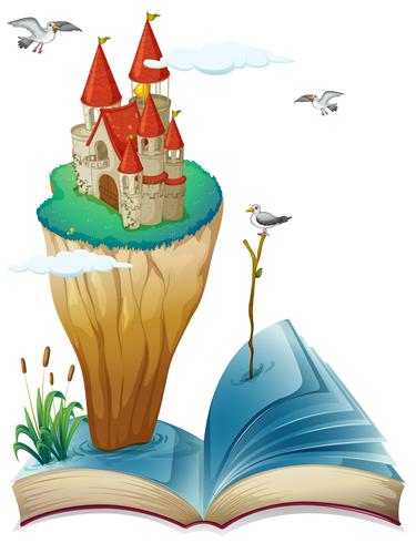 Un libro con una isla con un castillo. vector