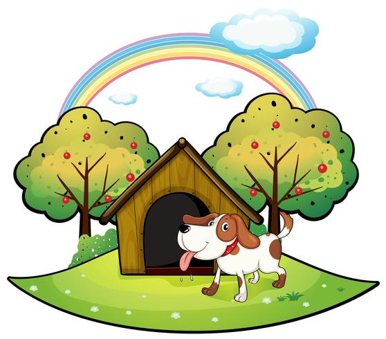 A dog with a dog house near an apple tree vector