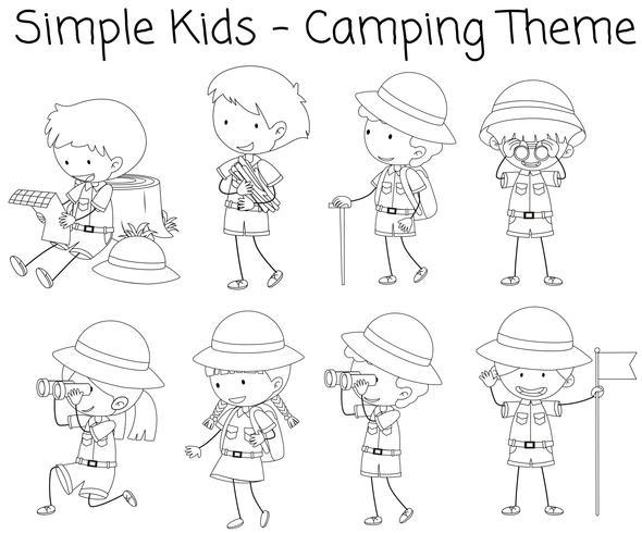 Camping niño y niña doodle vector