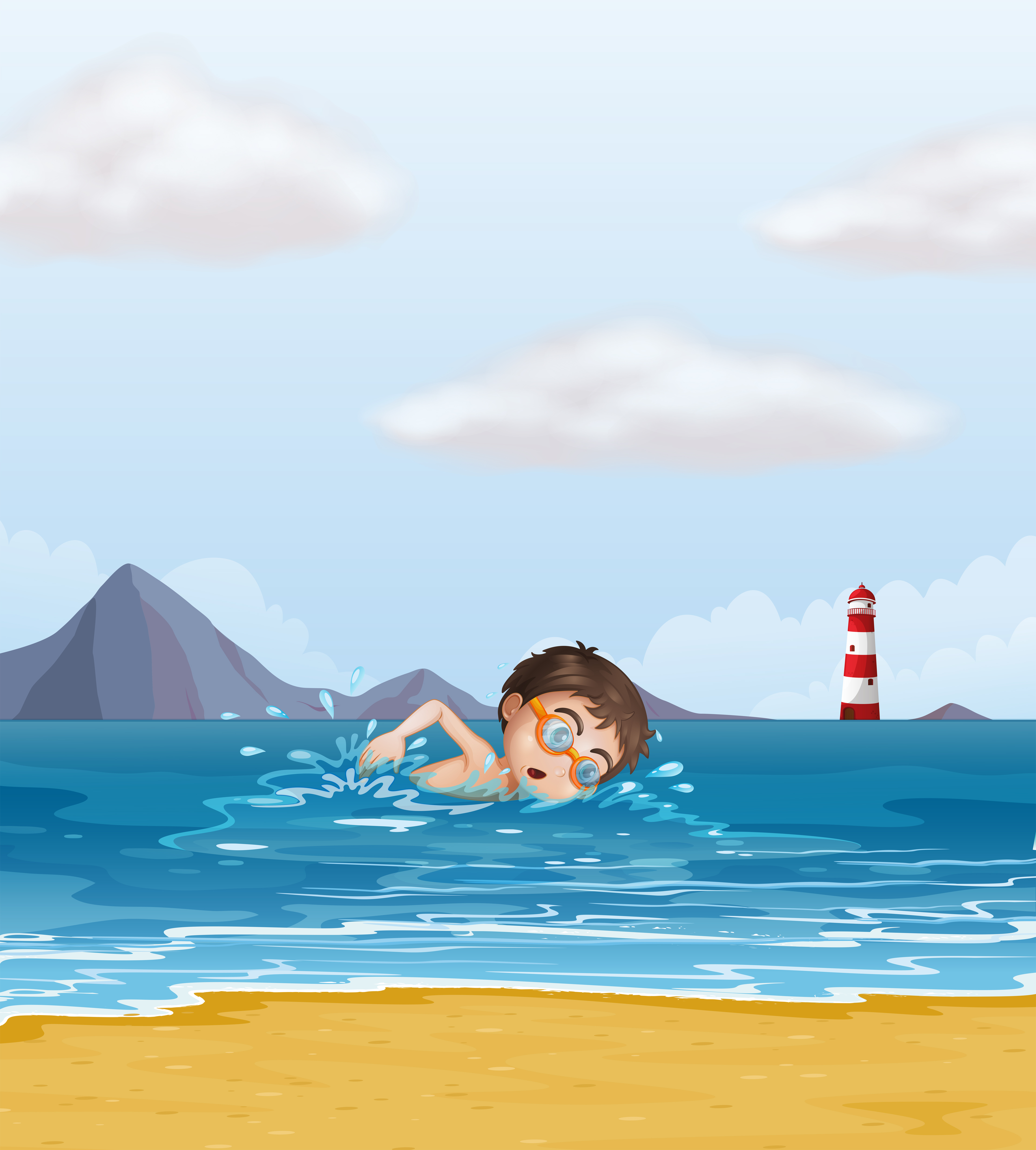 A kid swimming at the beach with a lighthouse 526740 Vector Art at Vecteezy