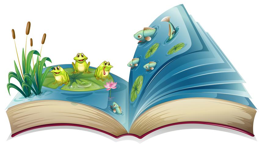 Un libro con una imagen de las ranas y los peces en el estanque. vector