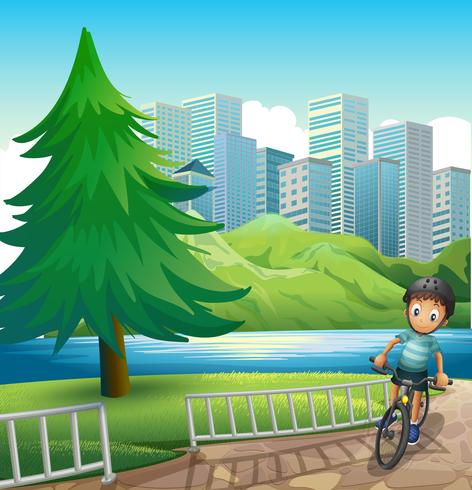 A boy biking across the tall buildings near the river vector