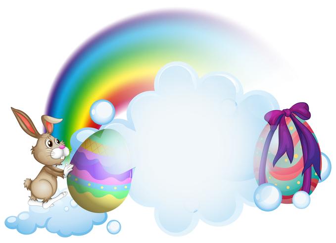 A bunny and the easter eggs near the rainbow vector